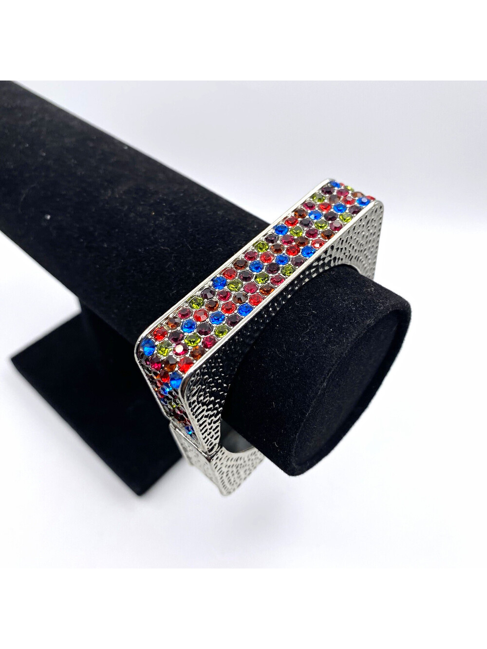 Silver-Tone Square Hinged Cuff Bracelet Multicolor Round Crystal Pavé Statement